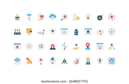 Segurança cibernética, proteção contra fraude criminosa e ataque de phishing, conjunto de ícones coloridos de malware. Software e aplicativo de segurança cibernética protegem pagamento em dinheiro e documento, rede, ilustração de vetor plana conta