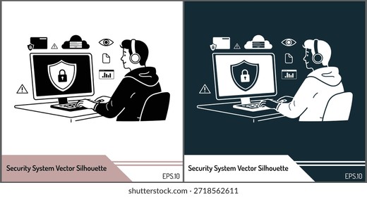 Protección de seguridad cibernética y concepto de privacidad de datos Ilustración de silueta de Vector