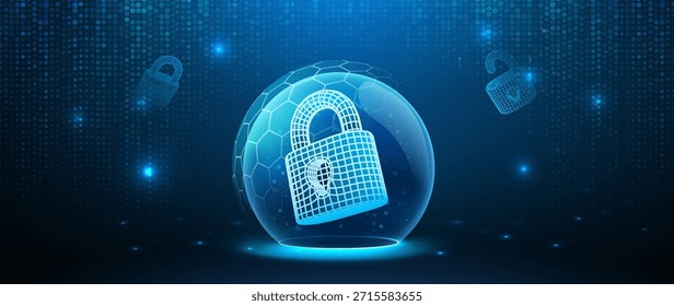 Cyber Security Protection With Digital Lock Inside Shield Bubble, Symbolizing Data Safety, Encryption, Firewall Defense, And Modern Network Protection Technology. Vector Illustration.