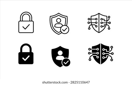 Cyber Security Protection Icons Set – Secure Lock, Privacy Shield, Digital Network Defense Vector Collection