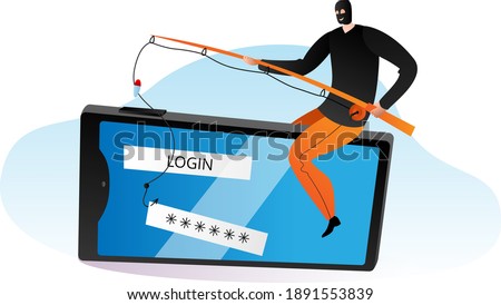 Cyber security protection, modern technology criminal offender, hacker crack bank application flat vector illustration, isolated on white. Lose mobile phone personal data, scam email attack.