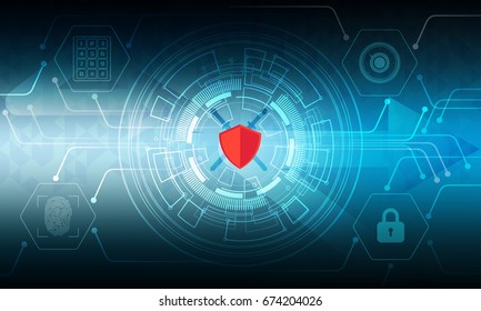 Cyber security protection network concept with lock icon finger scan icon secret code on blue map background and arrow. Protect mechanism, system privacy. Vector illustration