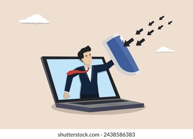 Cyber security protection for safety computer network, safety shield to protect online threat or attack, man hold shield on computer laptop protect cyber attack.