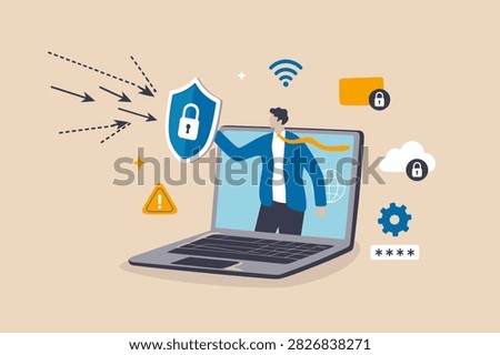 Cyber security protection for safety computer network, safety shield to protect online threat or attack, digital privacy or encryption concept, man hold shi VECTOR