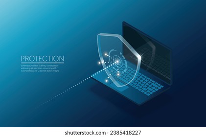 Cyber security protection for safety laptop. Shield on dark blue background. Isometric vector.