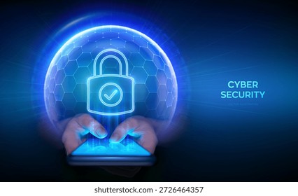 Cyber security and protection smartphone. Padlock with Check mark icon icon inside sphere shield. Secure internet connection vpn, encryption. Personal data protection. Smartphone in hands. Vector.