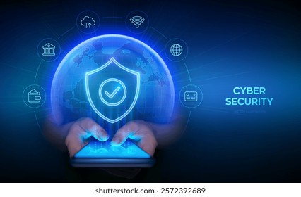 Cyber security and protection smartphone. Protection shield with Check mark icon. Secure internet connection, vpn, encryption. Personal data protection. Earth planet globe. Smartphone in hands. Vector