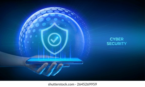 Cyber security and protection smartphone. Protection shield with Check mark icon inside sphere shield. Secure internet connection vpn, encryption. Personal data protection. Smartphone in hand. Vector