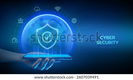 Cyber security and protection smartphone. Protection shield with Check mark icon. Secure internet connection, vpn, encryption. Personal data protection. Earth planet globe. Smartphone in hand. Vector