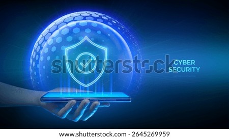 Cyber security and protection smartphone. Protection shield with Check mark icon inside sphere shield. Secure internet connection vpn, encryption. Personal data protection. Smartphone in hand. Vector