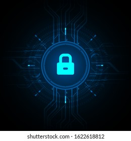 cyber security protection system concept illustration light blue lock digital circuit