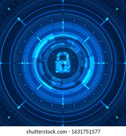 cyber security protection system concept illustration light blue lock digital circuit