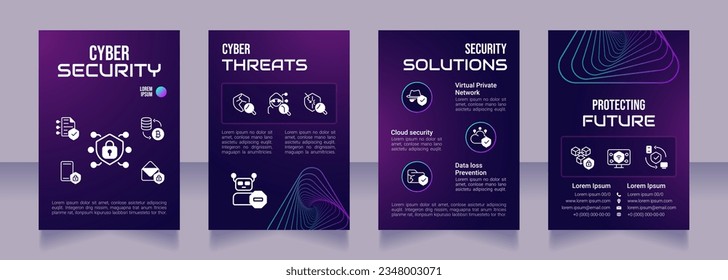 Plantilla de folleto prefabricado en púrpura para ciberseguridad. Amenazas de ciberseguridad. Diseño del folleto de seguridad de la información con iconos, espacio de copia. Editable 4 diseños. Bebas Neue, Audiowide, fuentes Roboto Light usadas