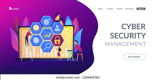 Cyber security risk analysts team reduce risks. Cyber security management, cyber security risk, management strategy concept on white background. Website vibrant violet landing web page template.