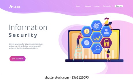 Cyber Security Risk Analysts Team Reduce Risks. Cyber Security Management, Cyber Security Risk, Management Strategy Concept On White Background. Website Vibrant Violet Landing Web Page Template.