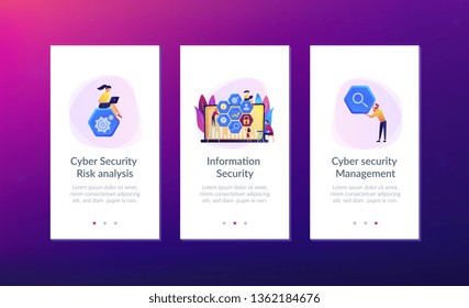 El equipo de analistas de riesgo de ciberseguridad reduce los riesgos. Gestión de la ciberseguridad, riesgo de ciberseguridad, concepto de estrategia de gestión sobre fondo blanco. Plantilla de interfaz de usuario de usuario de Mobile UX GUI, wireframe de interfaz de aplicación