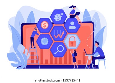 Cyber Security Risk Analysts Team Reduce Risks. Cyber Security Management, Cyber Security Risk, Management Strategy Concept On White Background. Pinkish Coral Bluevector Isolated Illustration