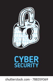 Cyber Security Safety Conceptual Poster Design With A Silhouette Of A Lock And Binary Code Within. Artistic Cartoon Hand Drawn Sketchy Line Art. Vector Graphic.
