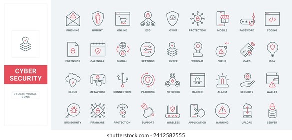Ciberseguridad, los iconos de la línea de conexión de seguridad se establecen. Ataques de fraude y virus, malware y atención a fallos, protección de la información digital, símbolos de contorno negro y rojo delgados, ilustración vectorial