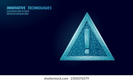 Escudo de seguridad cibernética punto de exclamación de póliza bajo. antivirus de alerta de ataque por Internet de alerta de virus de la vigilancia geométrica poligonal. Ilustración vectorial de protección de firewall de brillo azul