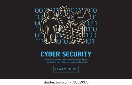 Cyber Security Safety Web Design With Related Icons On A Binary Code Background. Artistic Cartoon Hand Drawn Sketchy Line Art. Vector Graphic.