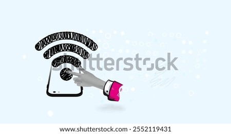 Cyber Security. Secure WiFi network connection on smartphone. Wifi wireless internet access. Collage Art Vector illustration