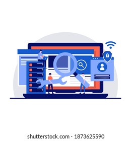 Cyber security service concept with tiny character. Developer team access and protecting data confidentiality, developing computer protection by anti virus software application flat illustration.