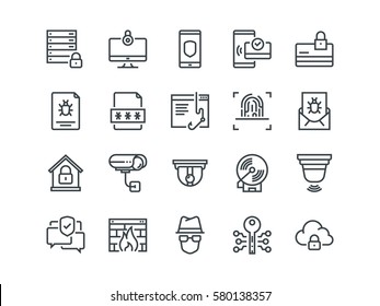 Cyber security. Set of outline vector icons. Includes such as Data, Padlock, Fingerprint and other. Editable Stroke. 48x48 Pixel Perfect.