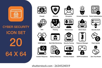 Cyber Security set of web icons in dual tone style. Containing firewall, antivirus, phishing, ransomware, VPN, DDoS Attack, Encryption, and more. high quality