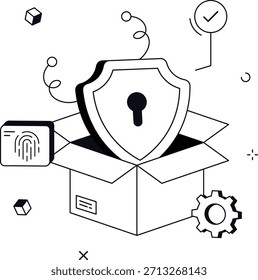 Caja de Configuraciones de seguridad cibernética con Ilustración vectorial plana isométrica de engranaje y escudo