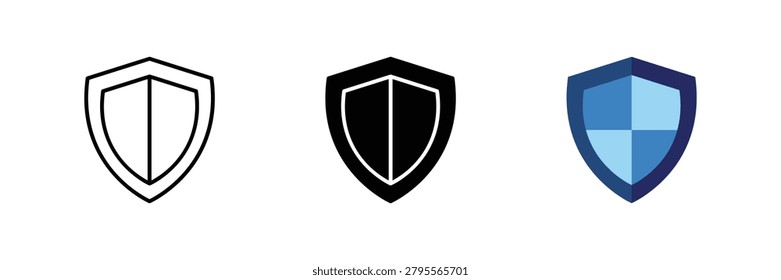 Cyber security shield and data protection emblem icon set in line, glyph and flat design styles vector illustration