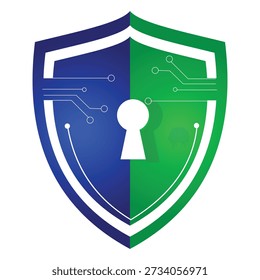 Icono de escudo de seguridad cibernética con ojo de cerradura y patrón de circuitos digitales, colores azul y verde