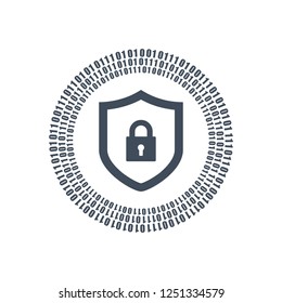 Cyber Security Shield Icon Or Logo. Binary Digital Circles And Lock. Vector Illustration Isolated On White Background.