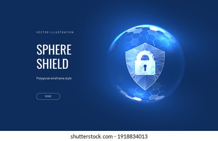 Cyber security, shield lock in futuristic polygonal style. Concept of internet privacy or cyber protection on the background of the world map. 3d vector illustration