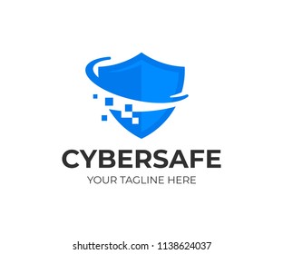 Cyber security shield logo design. Information and network protection vector design. Internet safety logotype