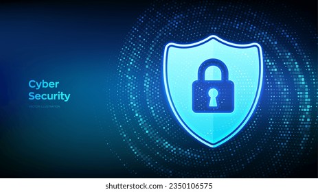 Cyber security. Shield and padlock with keyhole icon. Protect or Safe concept. Information privacy idea. Binary code Data Flow. Virtual tunnel warp made with digital code. Vector illustration.