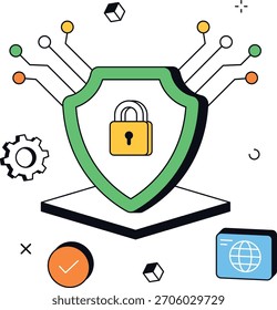 Proteção de segurança cibernética e símbolos de cadeado para proteção de dados. Ideal para conceitos de segurança cibernética, segurança de nuvem, segurança de rede, dispositivos digitais e segurança de internet. vetor plano isométrico.