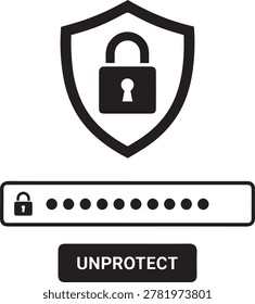 Cyber security shield padlock unprotect password vector line illustration