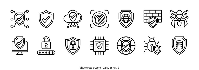 Cyber security, shield protect, secured, safety thin line icon set. Containing digital technology, network, fingerprint, firewall, hacker, data, virus, password, digital code, access, computer devices