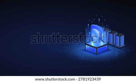 Cyber security shield protection isometric with server infrastructure and secure digital system protection technology.