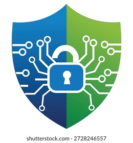 Escudo de la seguridad cibernética con el icono desbloqueado del concepto de la tecnología del candado y de la placa de circuito