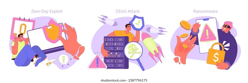 Cyber Security Showdown. From the panic of Zero-Day Exploits to the defensive stance against DDoS Attacks and the looming threat of Ransomware. Vector flat illustration.