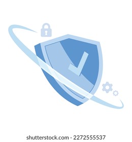 Icono de signo de seguridad cibernética curvas de escudo 3d dinámicas de señalización marcadas boceto de engranajes de señas.