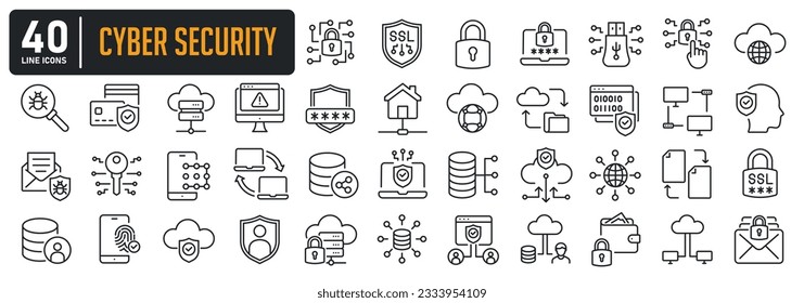 Ciberseguridad simples iconos mínimos de línea delgada. SSL, encriptación, hackeo, privacidad, protección. Ilustración vectorial.