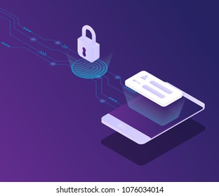 cyber security smartphone protect with fingerprint locked isometric vector background