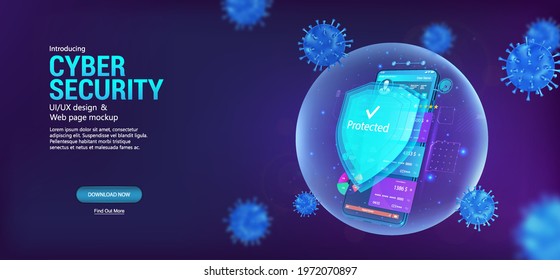 Cyber security smartphone. Protection mobile phone with shield which protect against cyber attacks, Internet viruses and spam. Antivirus app banner with concept cyber security. Vector illustration