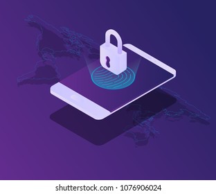 cyber security smartphone screen locked with fingerprint vector isometric