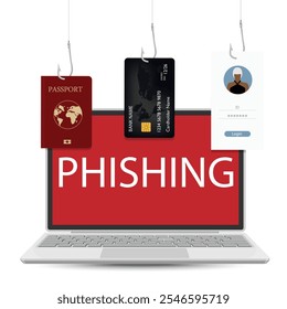 Cyber security software alert of cyber attack. Alert phishing message on laptop screen credit card, ID password and passport on hook. Danger virus, cyber fraud. Vector illustration