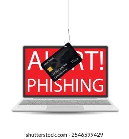 Alerta de software de seguridad cibernética de ataque cibernético. Mensaje de alerta de phishing en la pantalla del ordenador portátil y tarjeta de crédito bancaria en el gancho. Virus de peligro, fraude cibernético. Ilustración vectorial