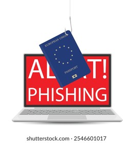 Cyber security software alert of cyber attack. Alert phishing message on laptop screen and passport on hook. Danger virus, cyber fraud. Vector illustration